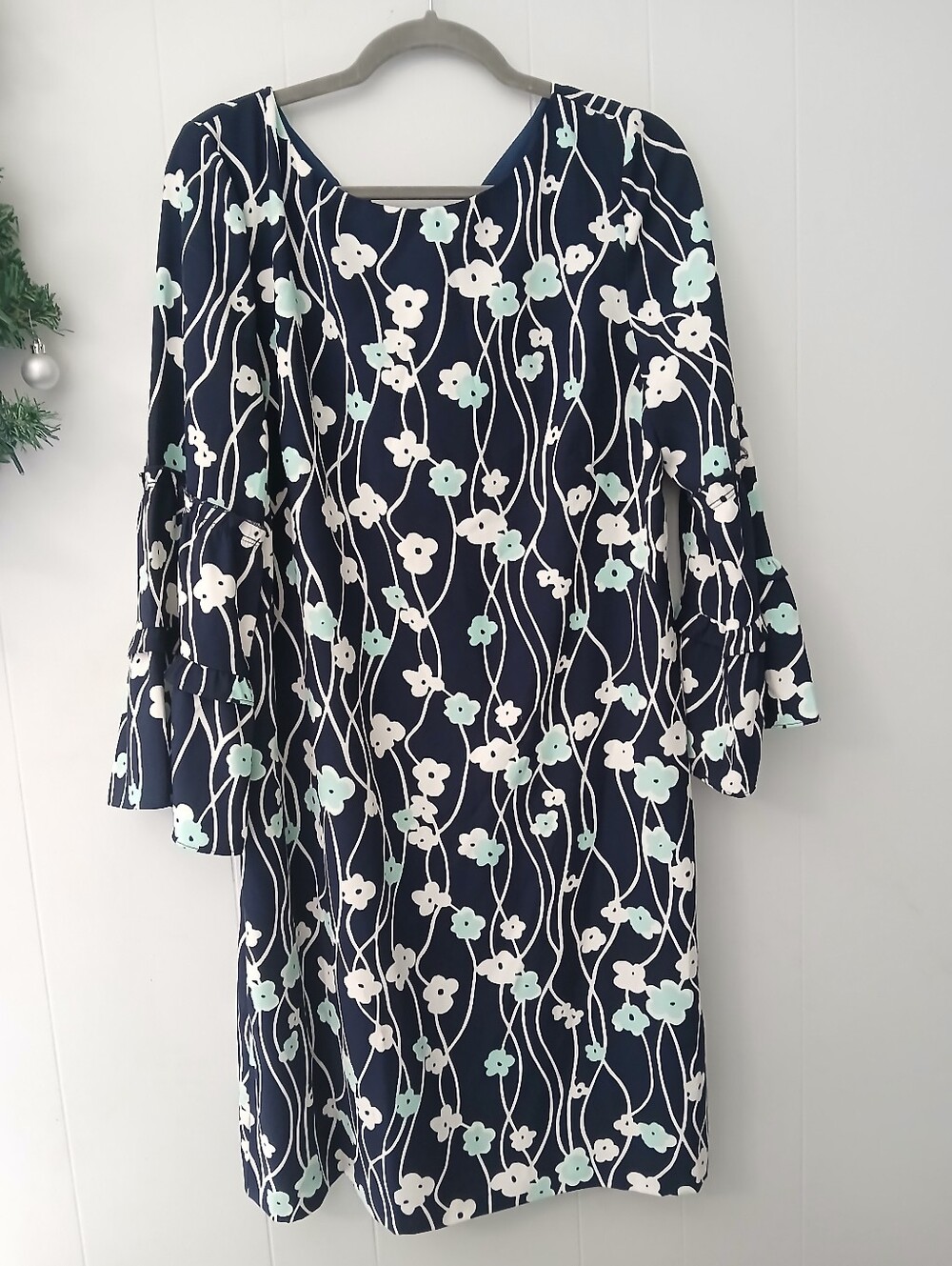 Talbots Navy Floral Bell-Sleeve Shift Dress - Navy/White/Light Mint